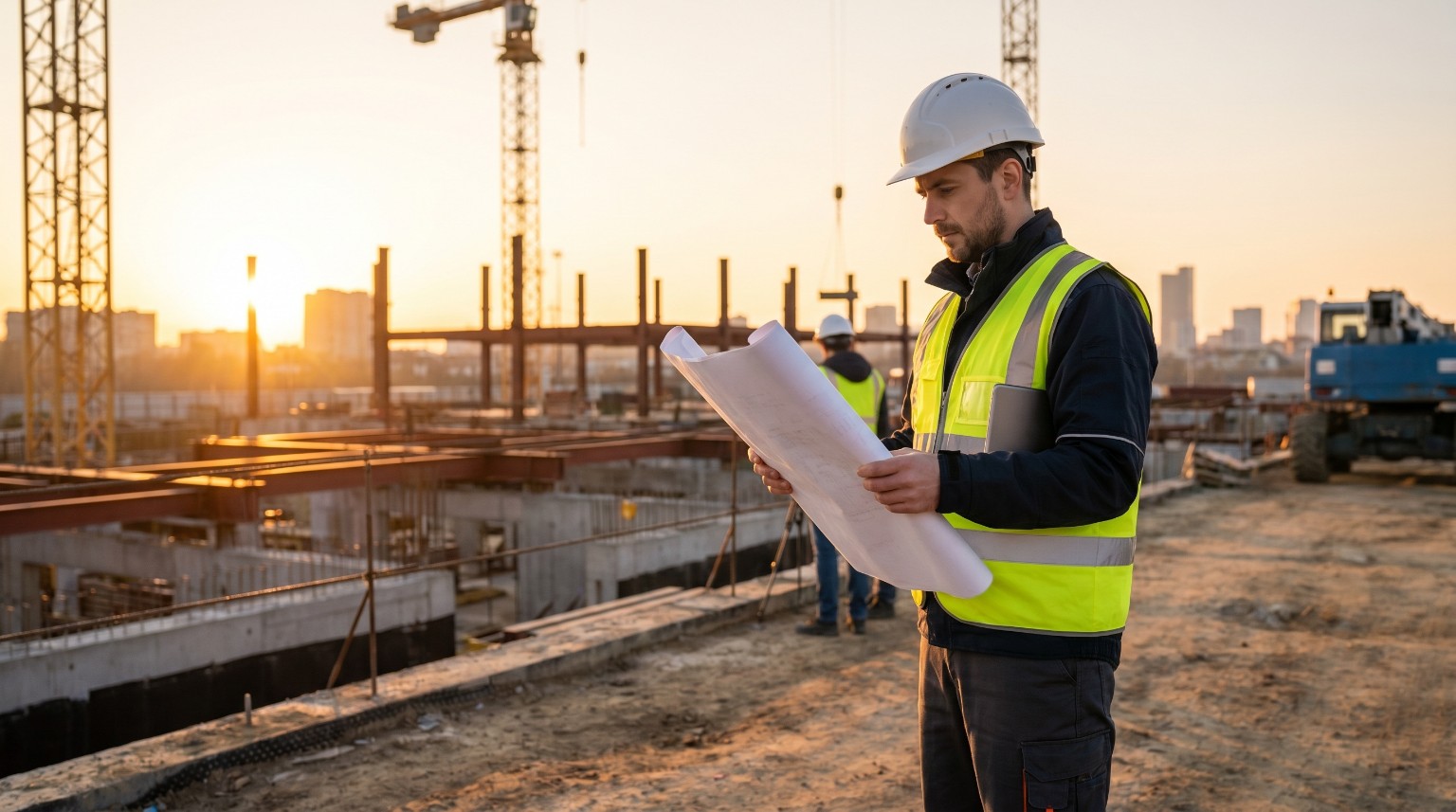 Engineer reviewing construction drawings
